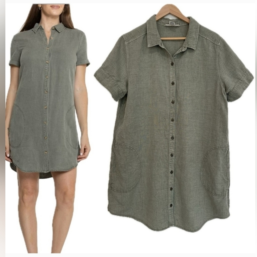 Lucky Brand Size XL Olive Pocket Shirt Dress Linen Lyocell Blend Short Sleeve #6